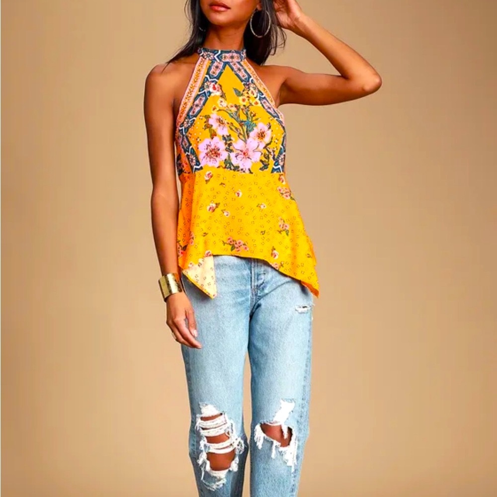 NWT Free People New Wave Yellow Print Halter Tank Top - Picture 5 of 10